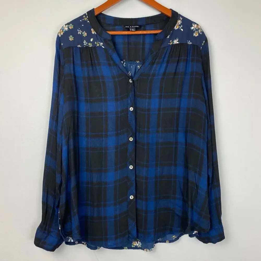 Zac & Rachel Blue Plaid & Floral Mixed Media Long Sleeve Button Down Blouse XL